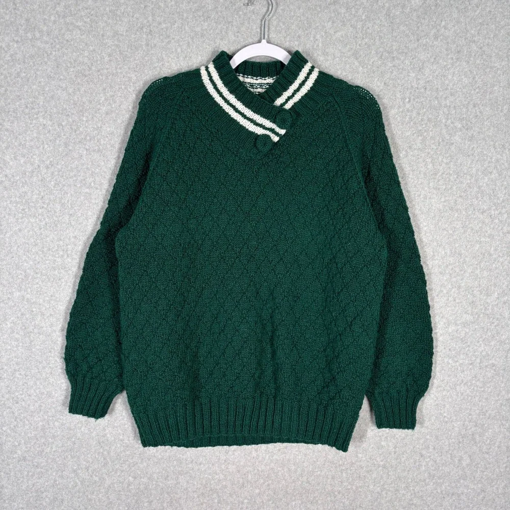 Vintage Homemade Fisherman Sweater Large Argyle Tennis Prep Knit‎ Buttons Retro